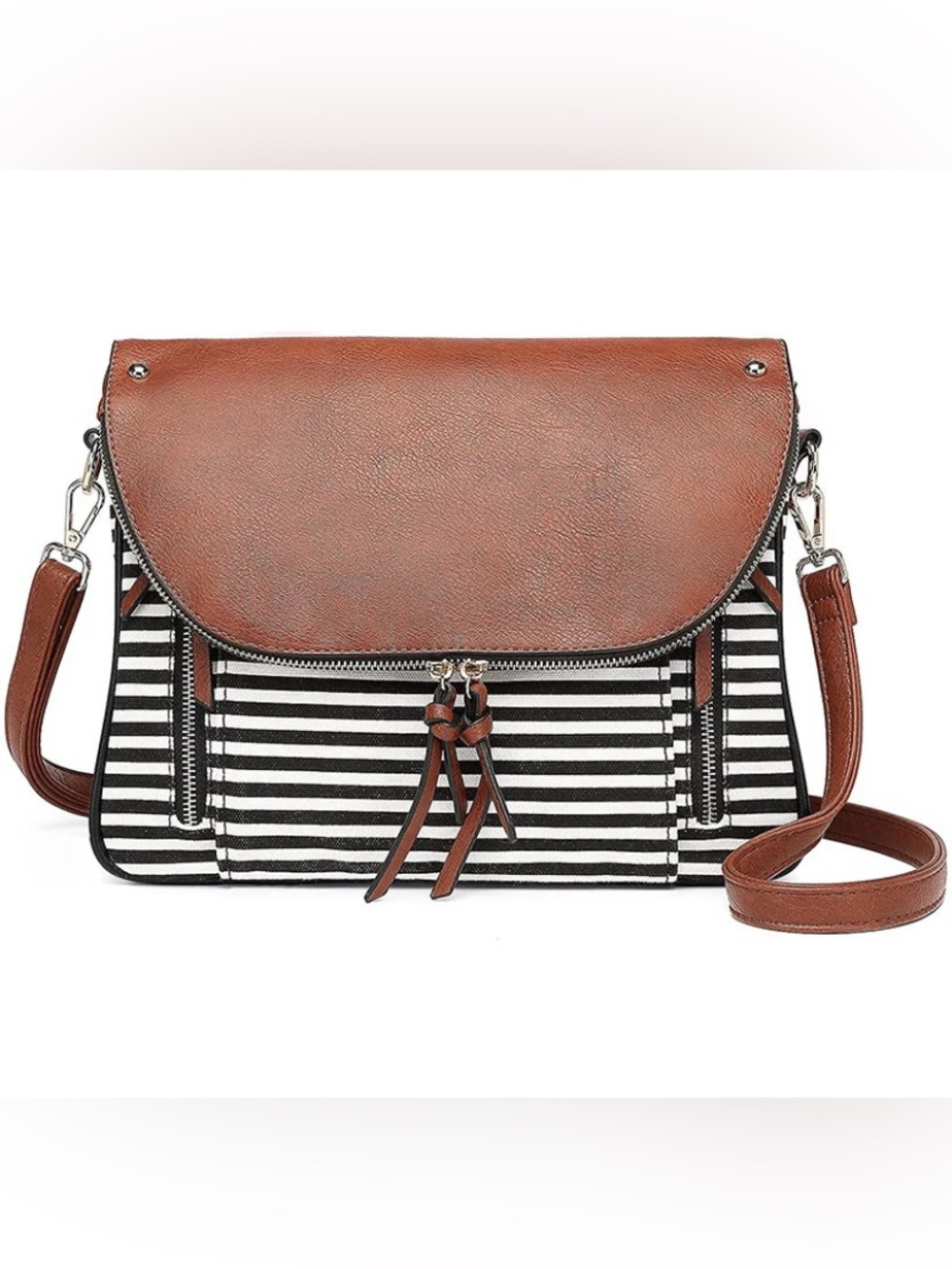Black and White Striped Crossbody Bag with Brown PU Leather Flap